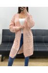 LANGE STRICKJACKE MIT DURCHBROCHENEM STRICK PE0093 ROSA