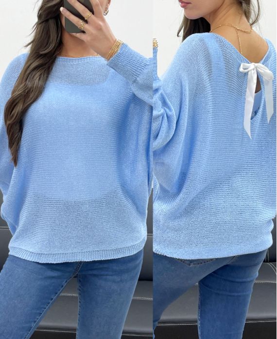 MAGLIONE RETRO FIOCCHI NASTRO PE0122 AZZURRO CIELO