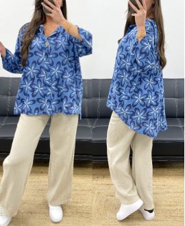 LOOSE COTTON GAUZE BLOUSE PRINTED PE0416 BLUE JEANS