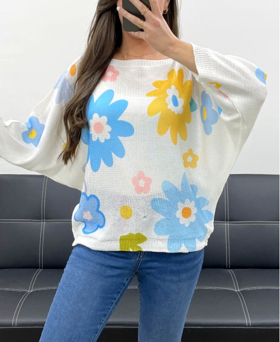 PULLOVER MIT BLUMENPRINT PE0023 BLAU