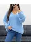 PULLOVER DOUX COL V PE0065 BLEU CIEL