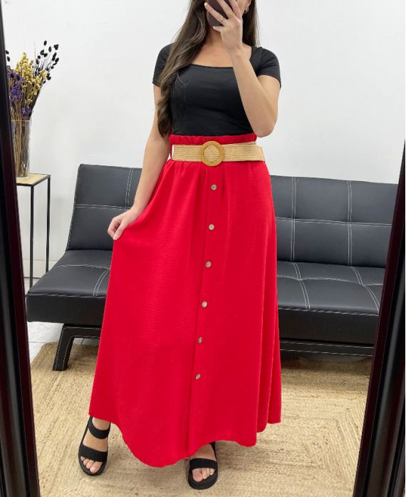 LONG SKIRT WITH BUTTONS + BELT PE0227 RED