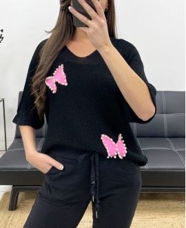 FINE KNIT SWEATER STUDDED BUTTERFLY PE0096 BLACK