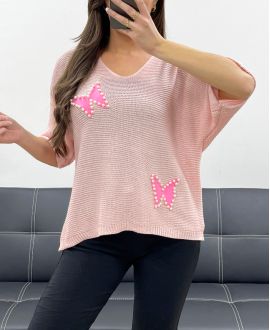 FINE STUDDED KNIT SWEATER BUTTERFLY PE0096 PINK