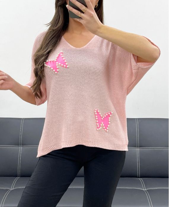 MAGLIONE IN MAGLIA CON BORCHIE A FARFALLA PE0096 ROSA