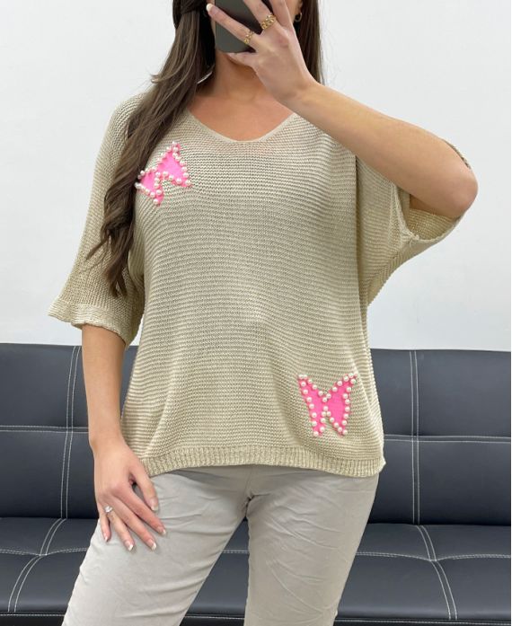 FINE STUDDED KNIT SWEATER BUTTERFLY PE0096 BEIGE