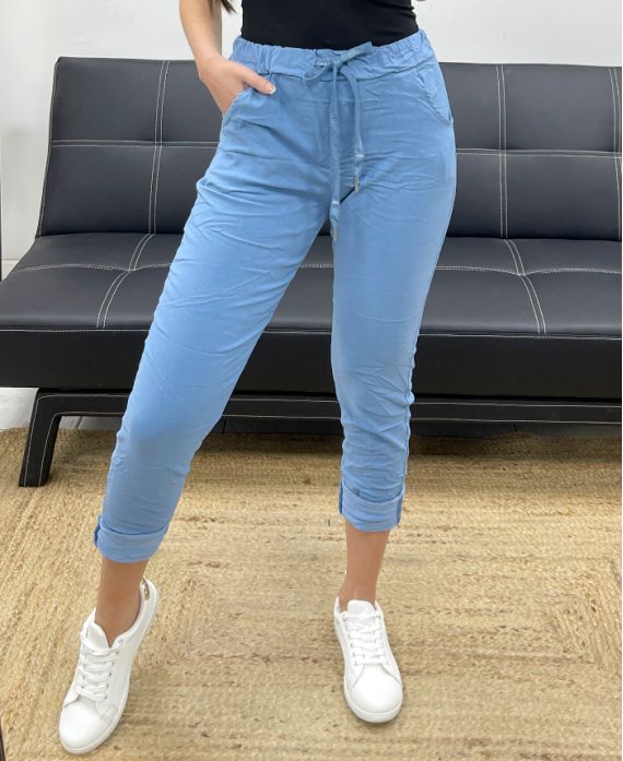 PE0131 BLUE JEANS CRINKLE EFFECT TROUSERS