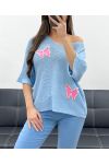 FINE KNIT STUDDED BUTTERFLY SWEATER PE0096 SKY BLUE