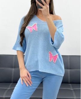 MAGLIONE FARFALLA BORCHIATO A MAGLIA FINE PE0096 AZZURRO CIELO