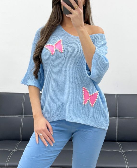 FINE KNIT STUDDED BUTTERFLY SWEATER PE0096 SKY BLUE