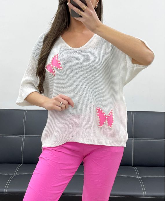 FEINER STRICKPULLOVER MIT NIETEN SCHMETTERLING PE0096 WEISS