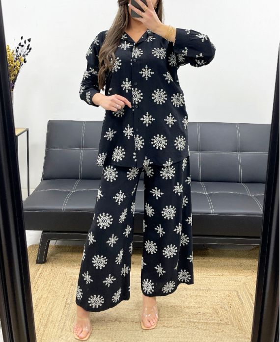 EMBROIDERY SHIRT + PANTS SET PE0850 BLACK