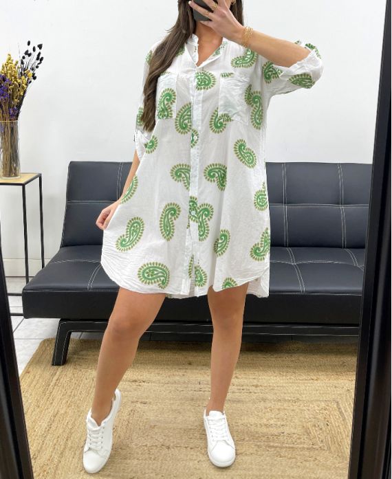 VESTIDO CAMISERO ESTAMPADO DE 2 BOLSILLOS PE0173 VERDE