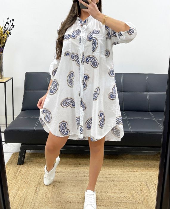 2-POCKET PRINTED SHIRT DRESS PE0173 BLUE