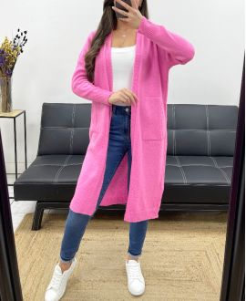 GILET LONG MOHAIR 2 POCHES PE0070 ROSE