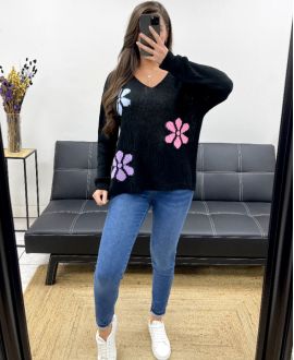 PULLOVER FLOWERS PE0049 NOIR