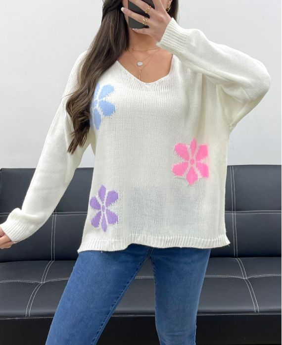 PULLOVER FLOWERS PE0049 BLANC