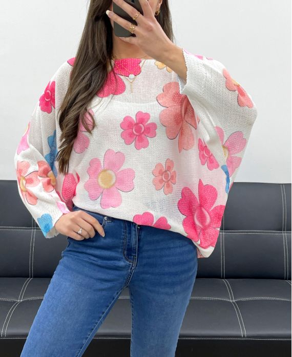 SWETER W KWIATY PE0028 FUSHIA