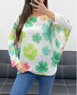 SWETER W KWIATY PE0028 ZIELONY