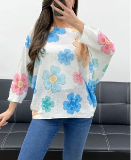 PULLOVER MIT BLUMENPRINT PE0028 BLAU