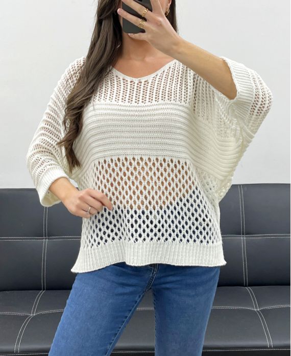 PE1018 TOP BIANCO IN MAGLIA TRAFORATA