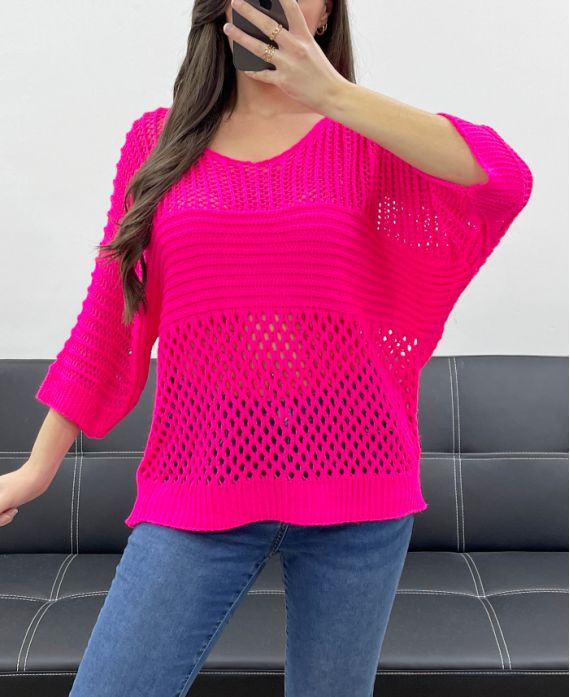 PE1018 TOP IN MAGLIA TRAFORATA FUCSIA