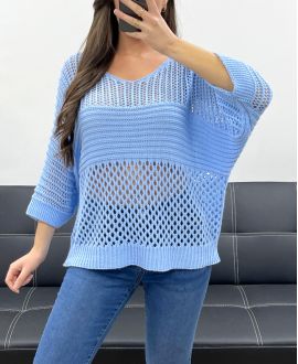 TOP MAILLE AJOURE PE1018 BLEU CIEL