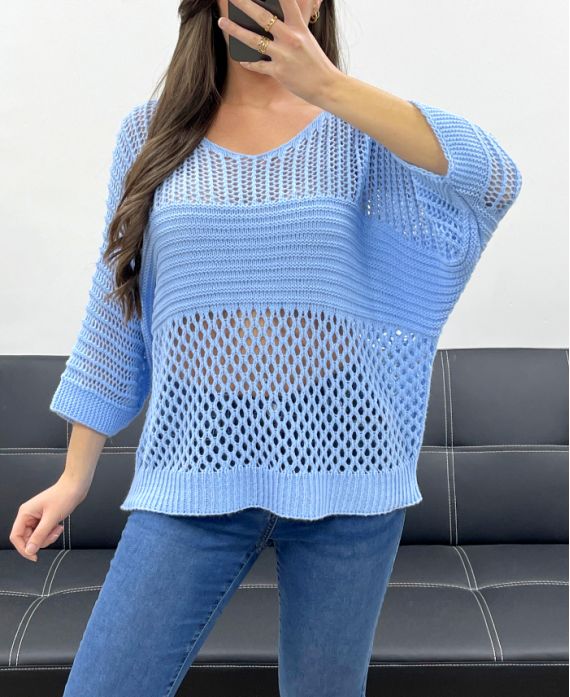 TOP MAILLE AJOURE PE1018 BLEU CIEL