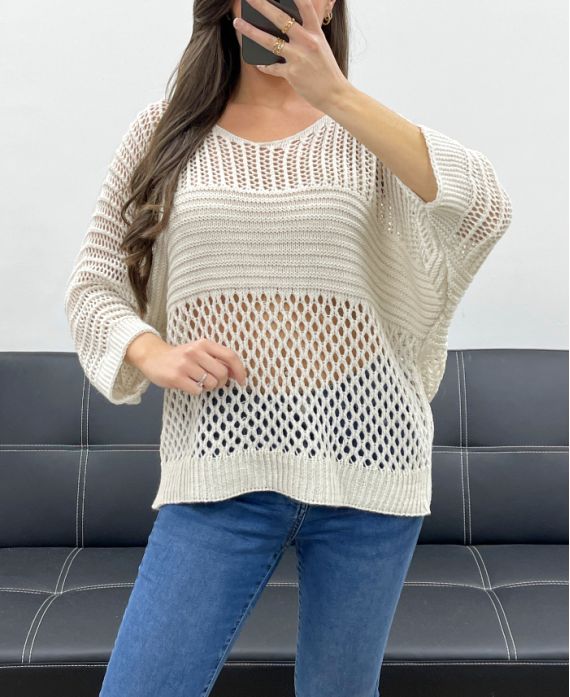 PE1018 TOP IN MAGLIA TRAFORATA BEIGE