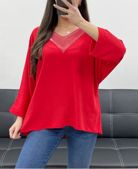 OVERSIZED TOP V-NECK SEQUINS PE0158 RED