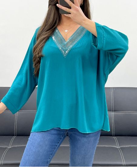 OVERSIZED TOP V-NECK SEQUINS PE0158 PETROL BLUE