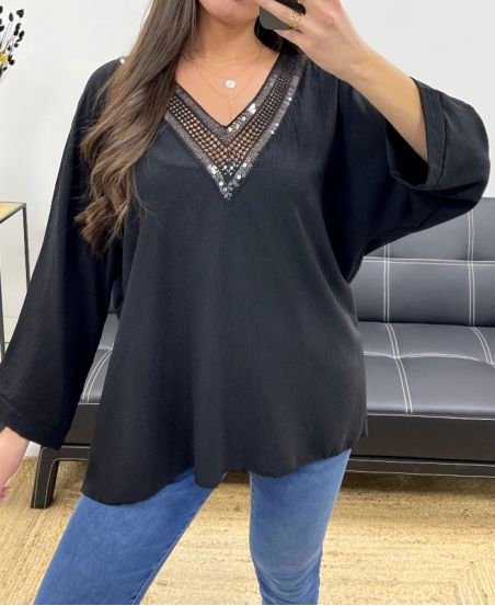 OVERSIZED TOP V-NECK SEQUINS PE0158 BLACK