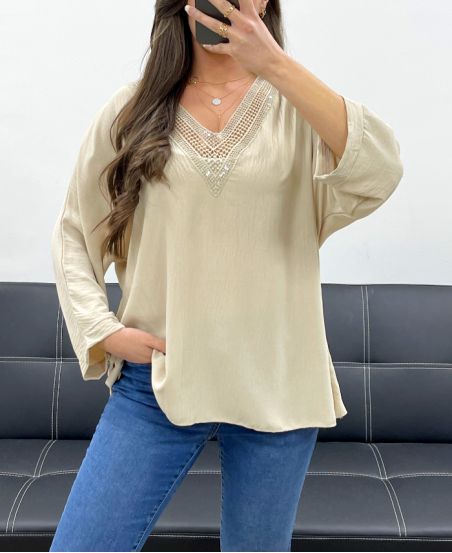 OVERSIZED TOP V-NECK SEQUINS PE0158 BEIGE