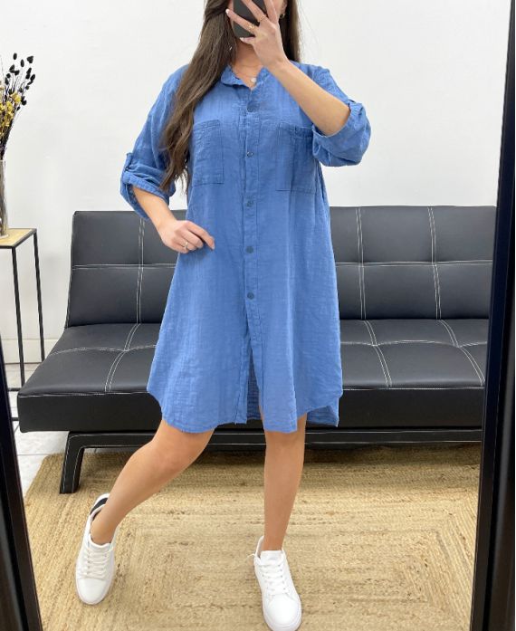 COTTON GAUZE OVERSIZED SHIRT DRESS PE0353 BLUE JEANS