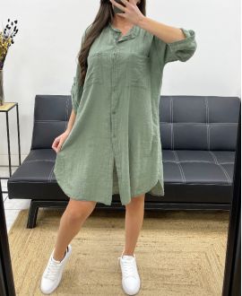 COTTON GAUZE OVERSIZED SHIRT DRESS PE0353 KHAKI