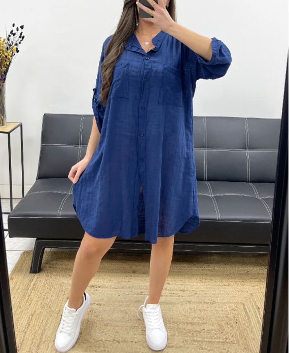 OVERSIZED COTTON GAUZE SHIRT DRESS PE0353 NAVY