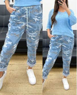 LOOSE CRINKLE-EFFECT CAMO TROUSERS PE1011 BLUE