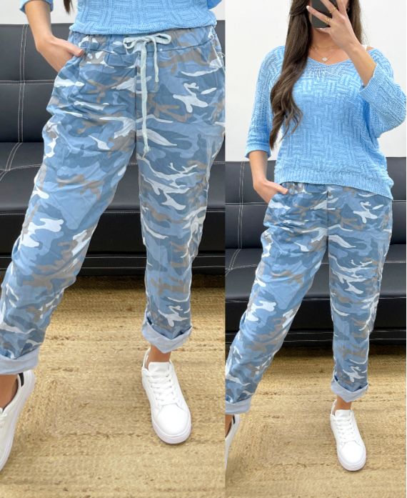 LOOSE CRINKLE-EFFECT CAMO TROUSERS PE1011 BLUE