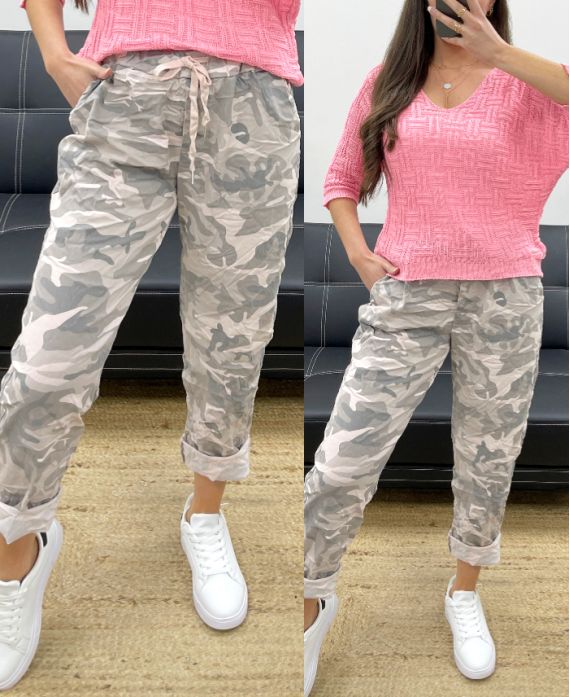 LOOSE CRINKLE EFFECT CAMO TROUSERS PE1011 PINK