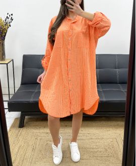 VESTIDO CAMISERO DE RAYAS TALLA GRANDE 2 BOLSILLOS PE0078 NARANJA