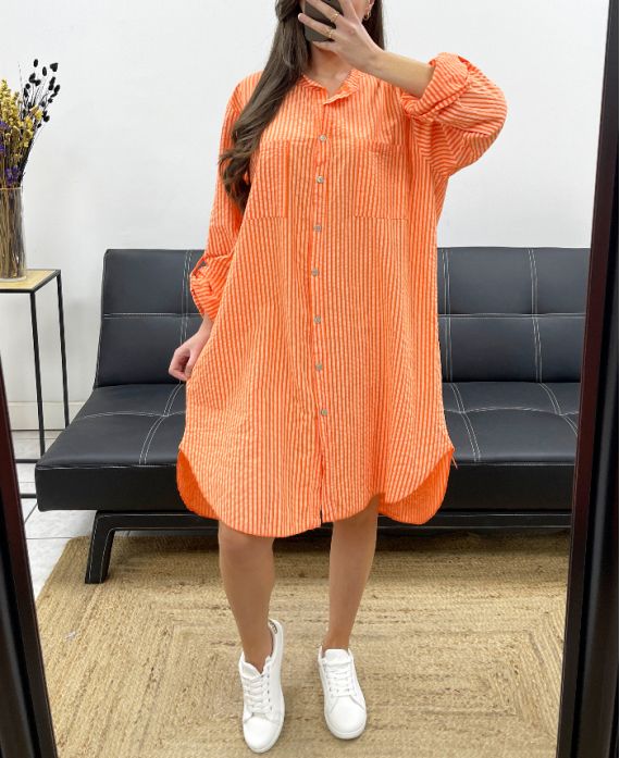 GRANDE TAILLE ROBE CHEMISE RAYEE 2 POCHES PE0078 ORANGE