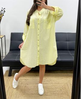 GRANDE TAILLE ROBE CHEMISE RAYEE 2 POCHES PE0078 JAUNE