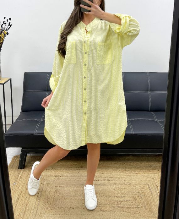 GRANDE TAILLE ROBE CHEMISE RAYEE 2 POCHES PE0078 JAUNE