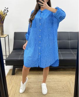 PLUS SIZE STRIPED SHIRT DRESS 2 POCKETS PE0078 ROYAL BLUE