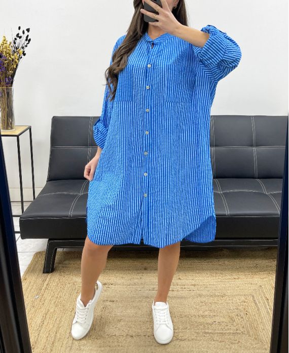 PLUS SIZE STRIPED SHIRT DRESS 2 POCKETS PE0078 ROYAL BLUE