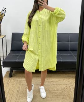 PLUS SIZE STRIPED SHIRT DRESS 2 POCKETS PE0078 LIME GREEN