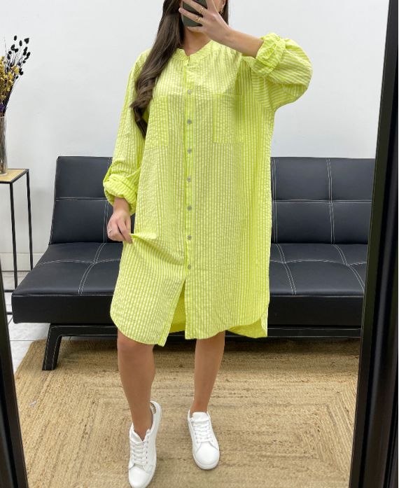 PLUS SIZE STRIPED SHIRT DRESS 2 POCKETS PE0078 LIME GREEN