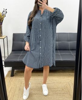 PLUS SIZE STRIPED SHIRT DRESS 2 POCKETS PE0078 BLACK