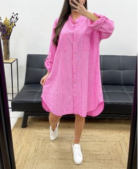 PLUS SIZE STRIPED SHIRT DRESS 2 POCKETS PE0078 FUSHIA