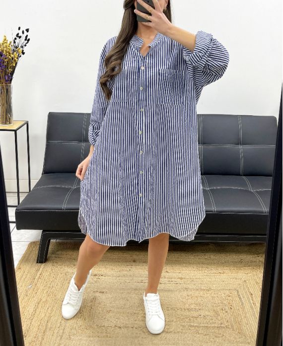 PLUS SIZE STRIPED SHIRT DRESS 2 POCKETS PE0078 WHITE